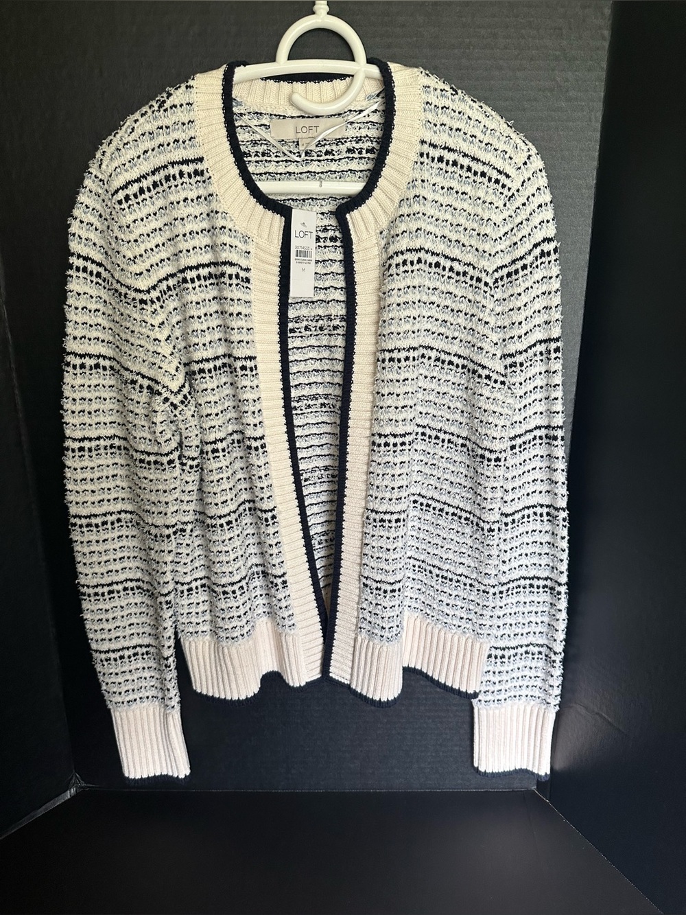 LOFT Cream, Navy and Light Blue Open Front Textured Knit Cardigan
